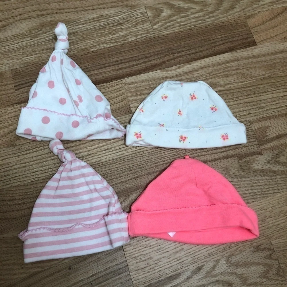 Carter’s & Gerber Baby Hat Bundle Neon Pink Striped Floral Baby Girl Cap